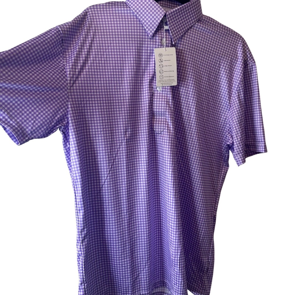 NEW Collars & Co Mens Large Purple Lavender Gingham Performance Short Polo - Picture 3 of 6
